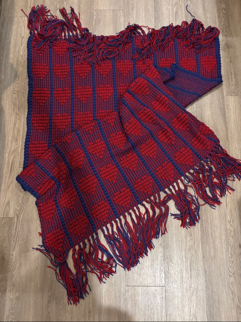 New Handmade Crochet Red & Blue Heart Large Throw with Fringe